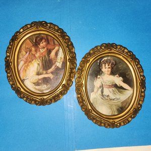 Set of 2 Ornate Baroque Style Oval Gold Hard Plastic Frames with Print